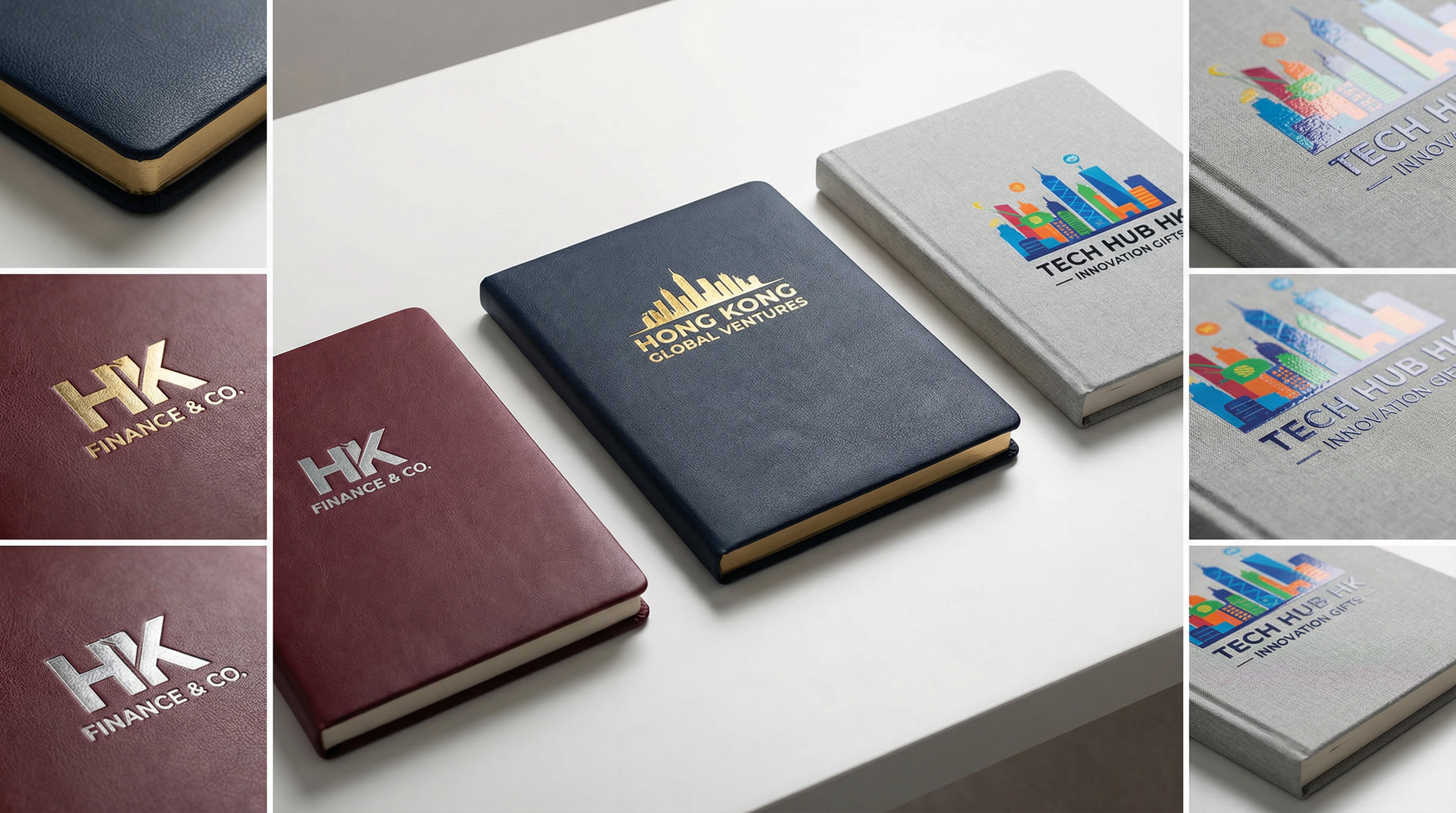 客製化筆記本封面展示不同印刷工藝,包括燙金、壓印、UV 印刷於 PU 皮革材質