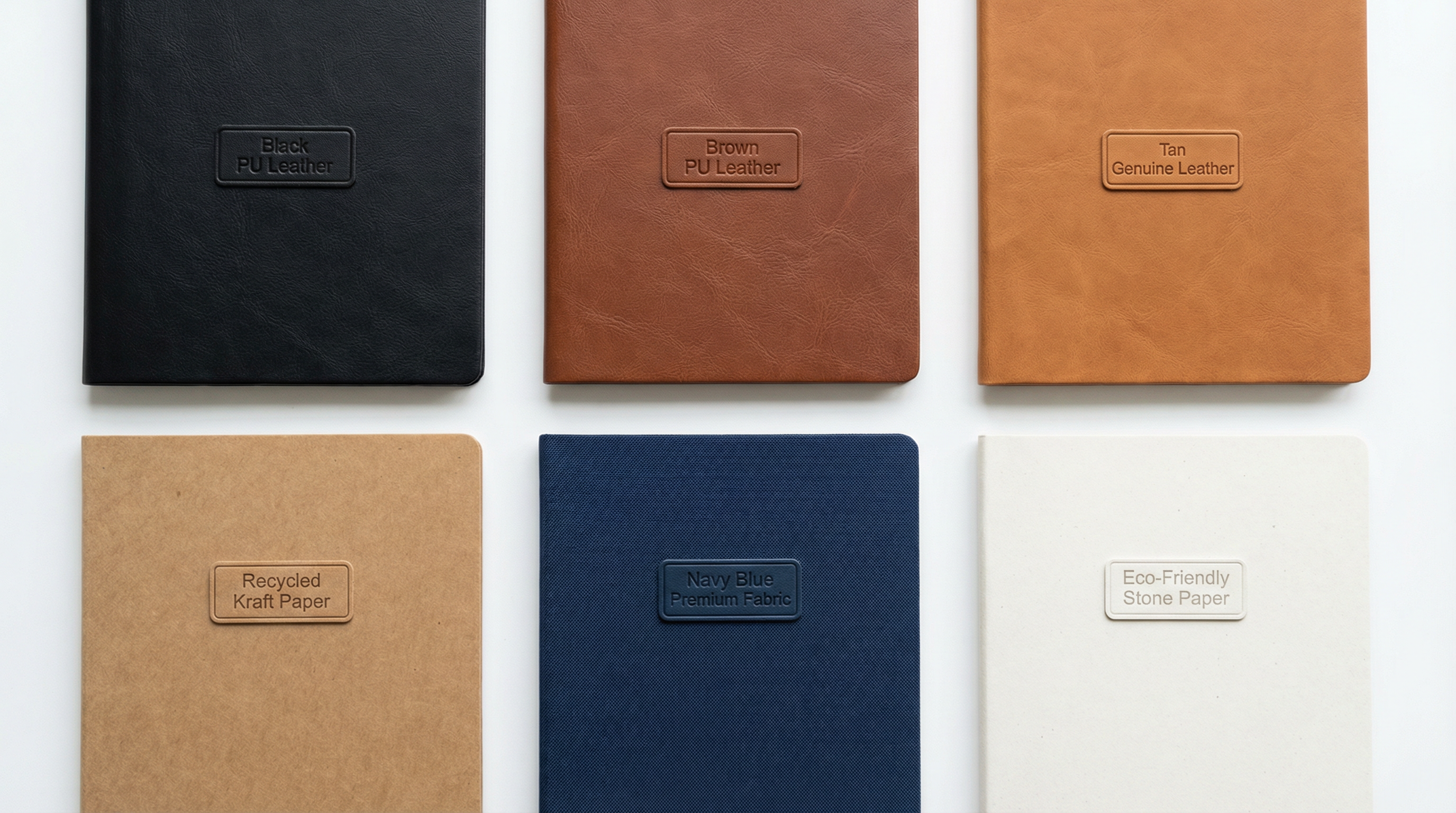 筆記本封面材質比較,包括 PU 皮革、真皮、環保紙、牛皮紙和布面樣品