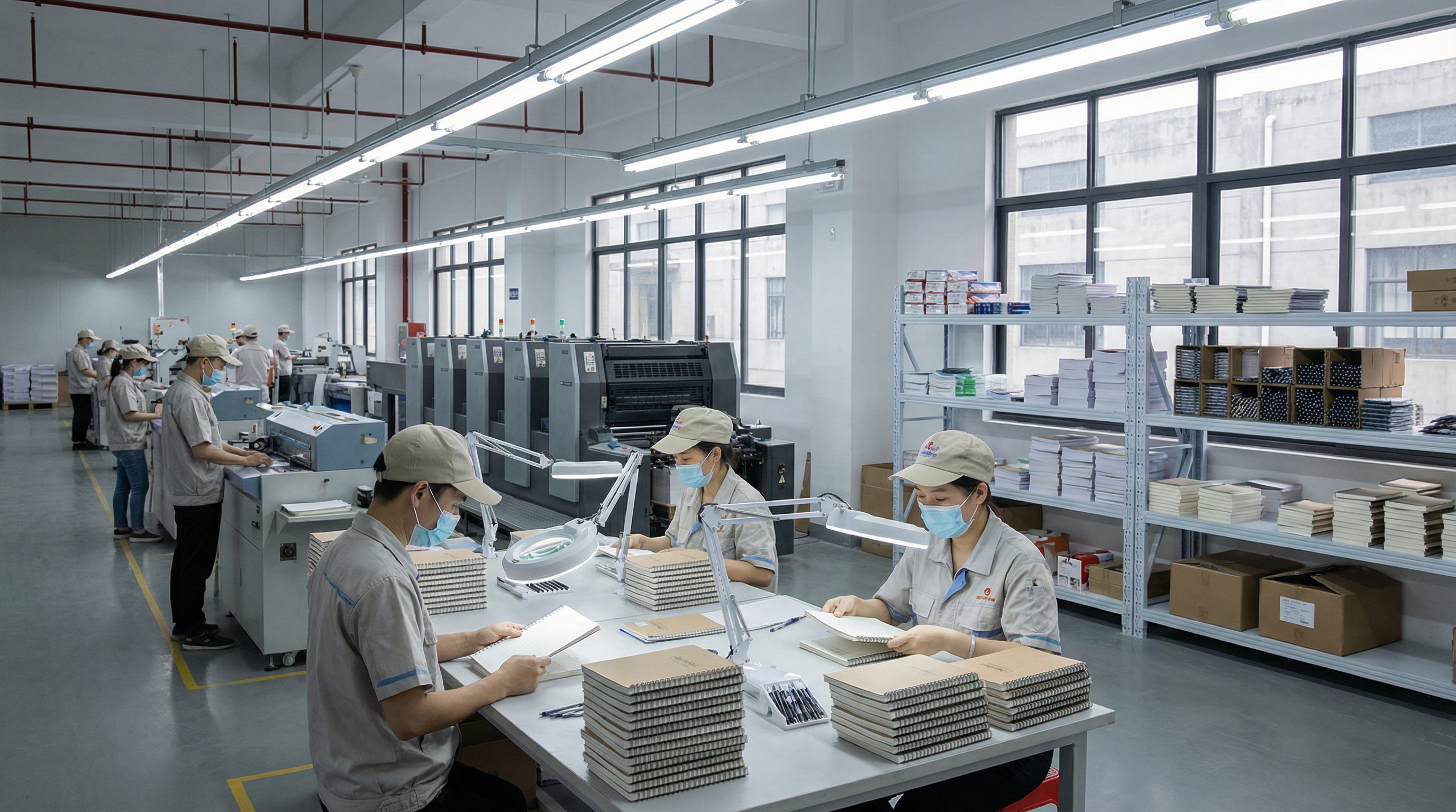 文具生產設施,展示印刷設備、裝訂機器和品質檢驗站
